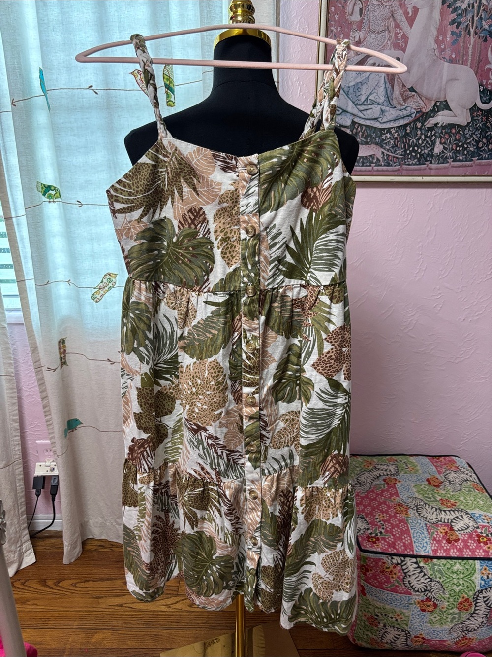 beachlunchlounge Tropical Leaf & Leopard Print Midi Dress - Green/White/Brown